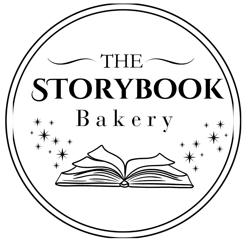 The Storybook Bakery logo, an open book with stars